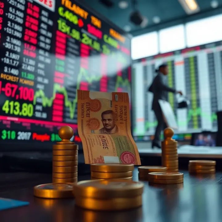 Digital representation of global currency exchange with a focus on Indian rupee and other major currencies