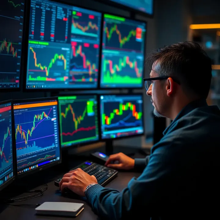 Forex trader analyzing charts and market data on multiple computer screens