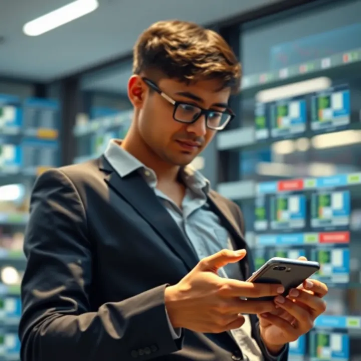 Illustration of an investor using smartphone app to manage low capital investments in stock and commodity markets