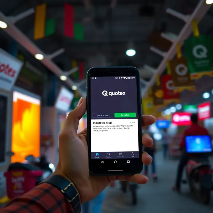Mobile phone showing Quotex app installation progress on screen with Indian digital environment background