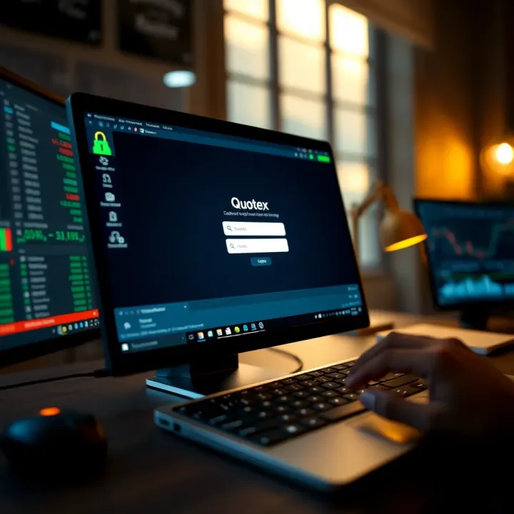 Secure login screen of Quotex trading platform emphasizing protection features and user authentication on desktop