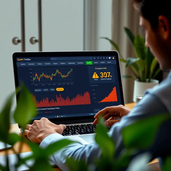 User Experience and Regulatory Insights on Quotex in India Illustration of a user navigating Quotex on a laptop with graphical representations of market trends and regulatory compliance icons
