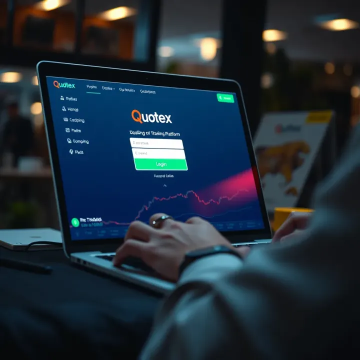 User accessing Quotex trading platform on a laptop showcasing the login interface