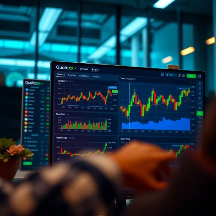 Screenshot showcasing the Quotex trading platform interface with charts and trading options
