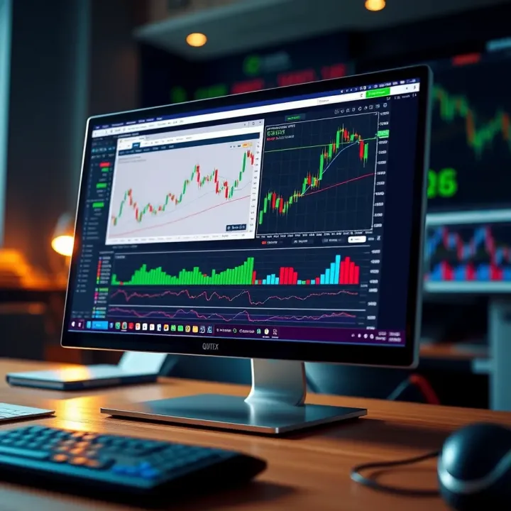 Computer screen displaying the Quotex trading platform interface with charts and market data