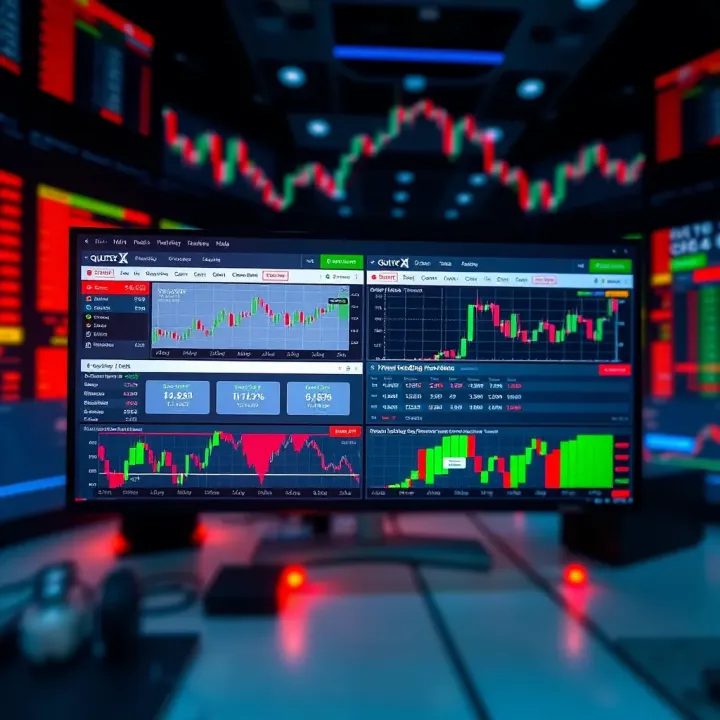 User interface of Quotex trading platform showing diverse financial instruments and live charts
