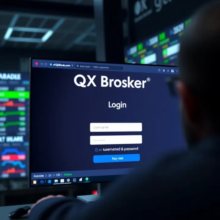 User interface displaying the QX Broker login screen with username and password fields