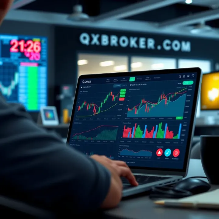 User interface of QXBroker.com app showing trading dashboard with charts and analytics