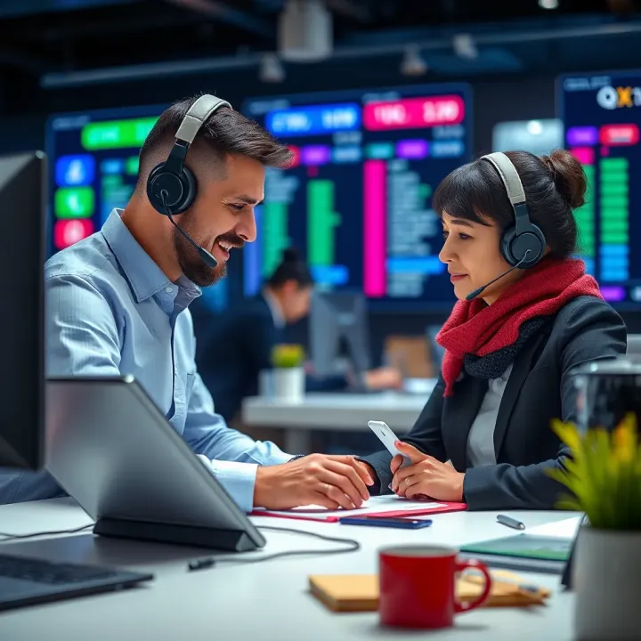 Customer support representative assisting a client with account setup on multiple devices