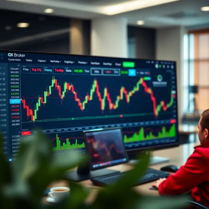User interface of QXBroker.com trading platform showing market charts and trading options