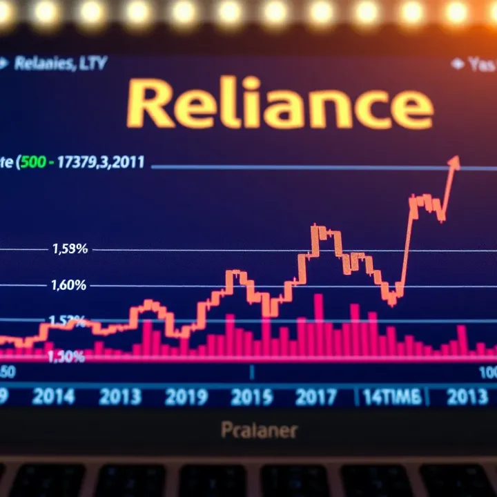 Graph showing upward trend in stock prices with Reliance Industries logo