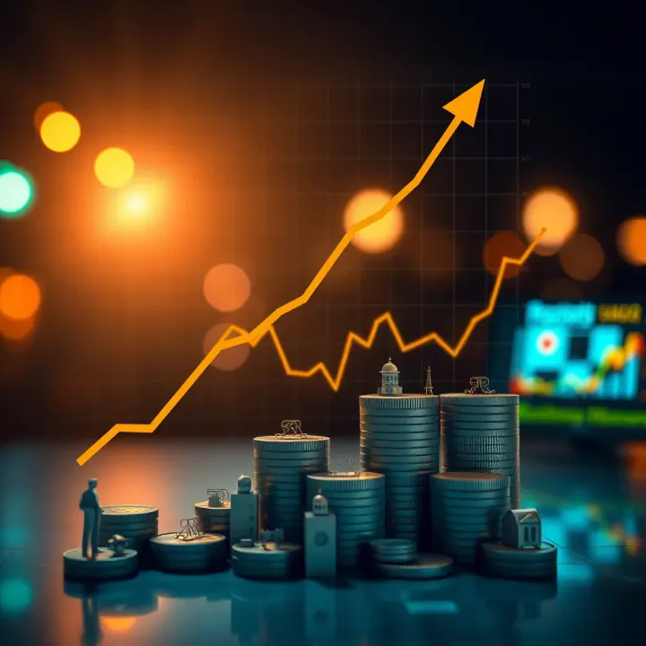 Graph showing upward trend in stock value with business icons representing various sectors