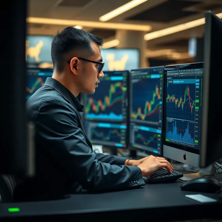 Wealthy trader analyzing multiple financial charts on computer screens
