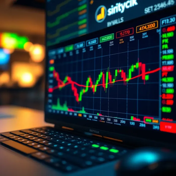 Illustration of digital trading platform showing binary options interface with charts and options