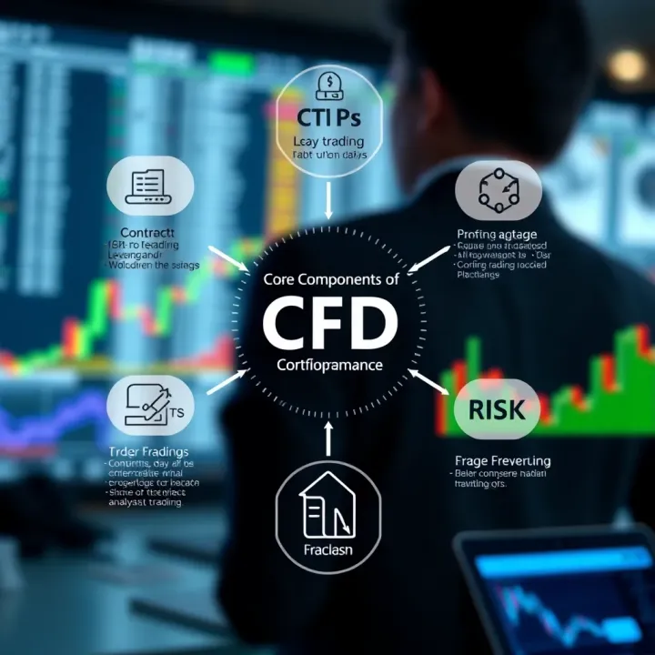 Core Components of Contract for Difference Trading Diagram illustrating key elements of CFD trading including contracts, leverage, and risk management