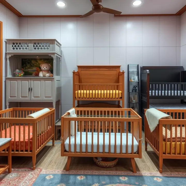 Various crib designs showing modern and traditional styles suitable for Indian homes