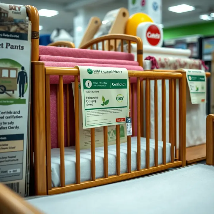 Display of safe and eco-friendly crib materials with safety certification labels