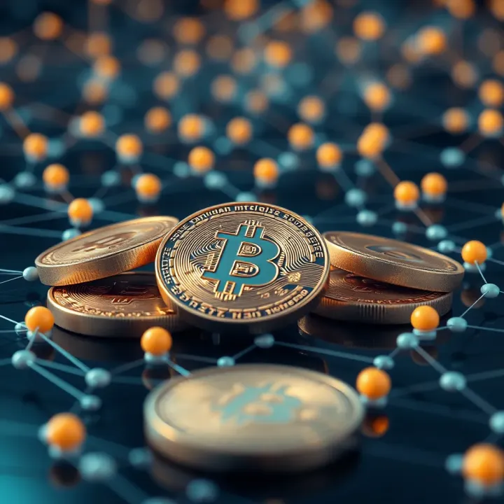 Digital tokens representing cryptocurrency fundraising methods with blockchain network in background