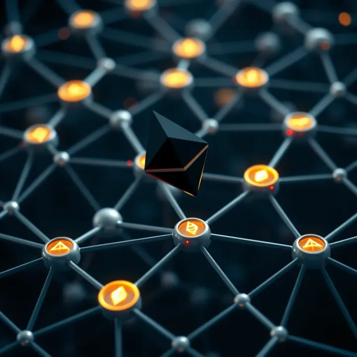 Visual representation of Ethereum blockchain network showcasing interconnected nodes and smart contract symbols