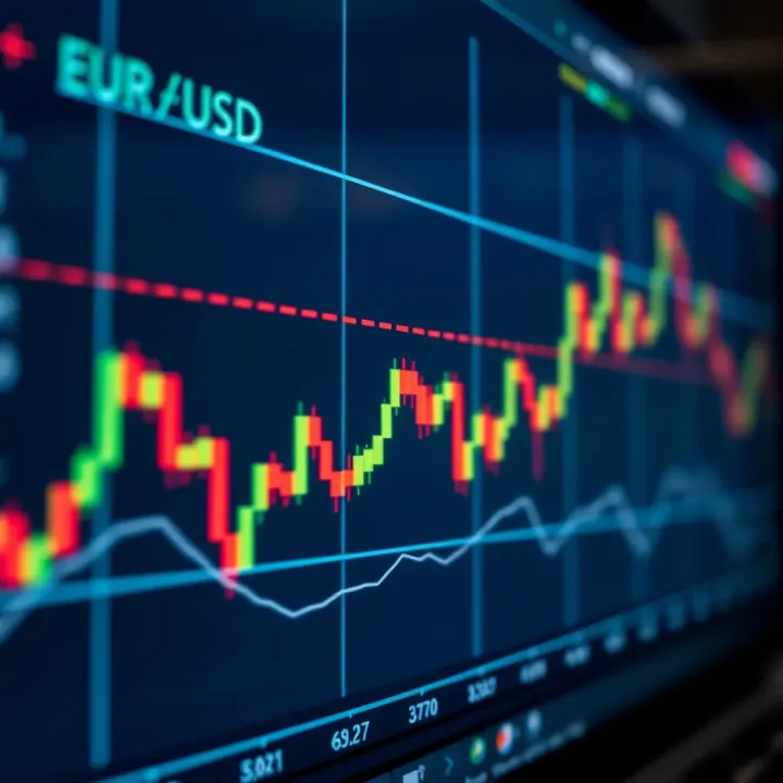 Graph showing fluctuating EUR to USD exchange rates over time with detailed candlestick patterns