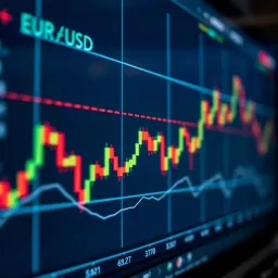 Detailed View of EUR/USD Fluctuations Using Candlestick Patterns Graph showing fluctuating EUR to USD exchange rates over time with detailed candlestick patterns
