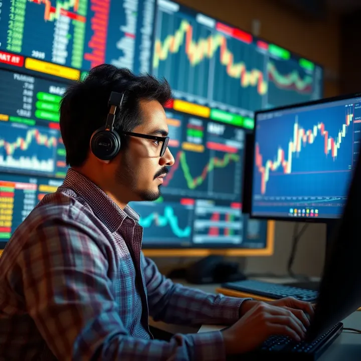 Risk-Free Trading Practice Using Demo Account Illustration of a trader analyzing financial data on multiple screens without financial risk