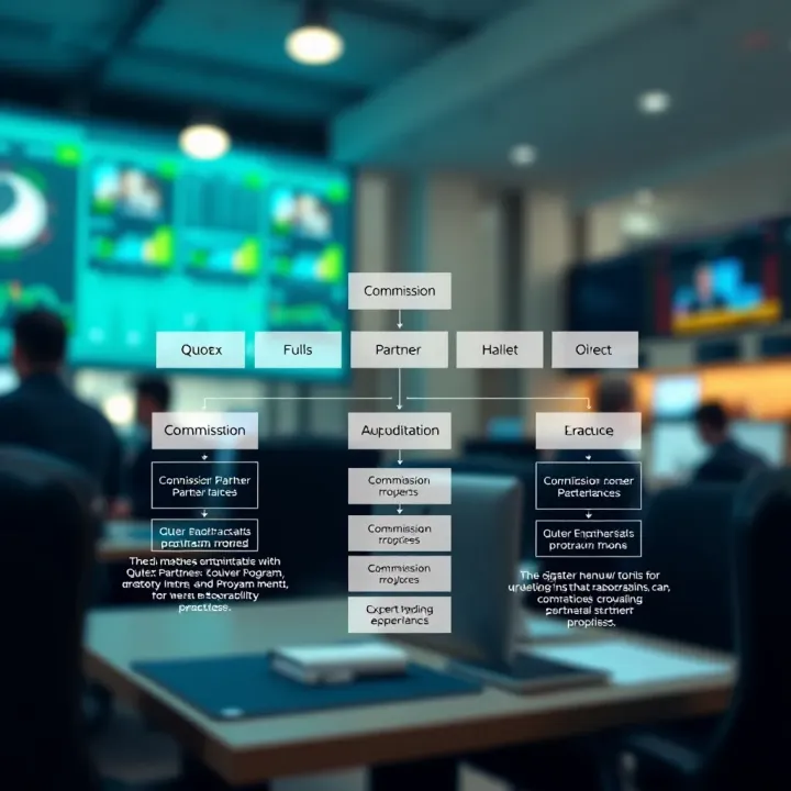 Diagram illustrating the structure of the Quotex Partner Program with commission flow and promotional tools