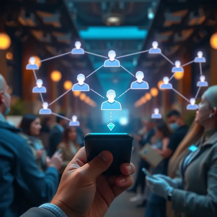 Illustration showing digital referral network connecting users through mobile devices