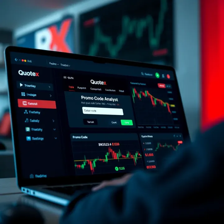 Dashboard view of Quotex platform showing trading options and promo code entry