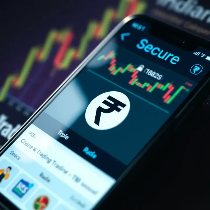Mobile phone displaying a secure trading app interface with Indian rupee symbol and charts