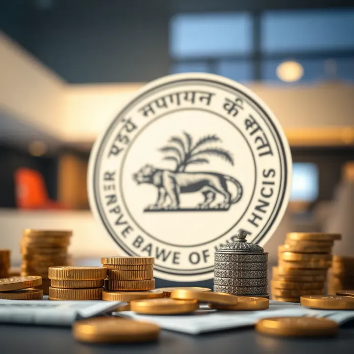 Illustration showing the Reserve Bank of India emblem alongside currency symbols representing foreign exchange trading