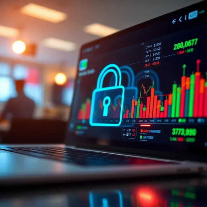 Security Features in Real Trade Applications Visual representation of secure online trading with digital padlock and financial data graphics