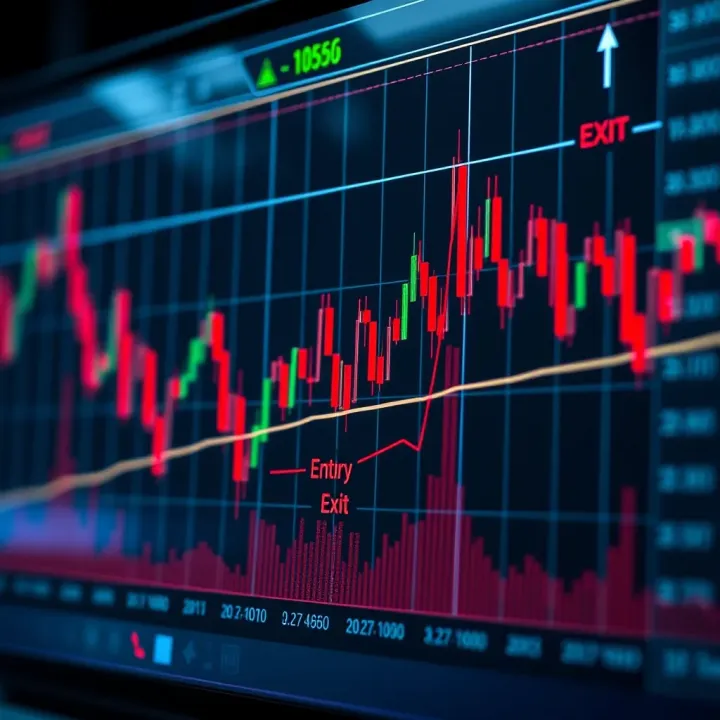 Graph depicting trading strategies applied to a reverse flag pattern highlighting entry and exit points